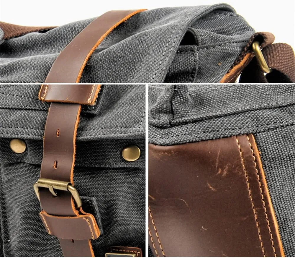 Canvas Leather Men Messenger Bag Satchel Shoulder Laptop Briefcase Travel Handbag for Men, Crossbody Computer Bag (Dark Grey)