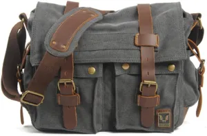 Canvas Leather Men Messenger Bag Satchel Shoulder Laptop Briefcase Travel Handbag for Men, Crossbody Computer Bag (Dark Grey)