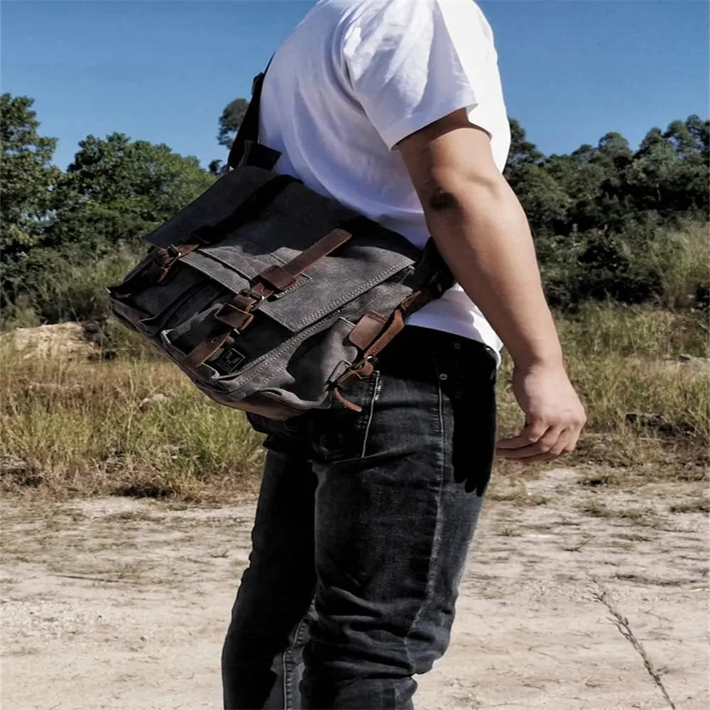 Canvas Leather Men Messenger Bag Satchel Shoulder Laptop Briefcase Travel Handbag for Men, Crossbody Computer Bag (Dark Grey)