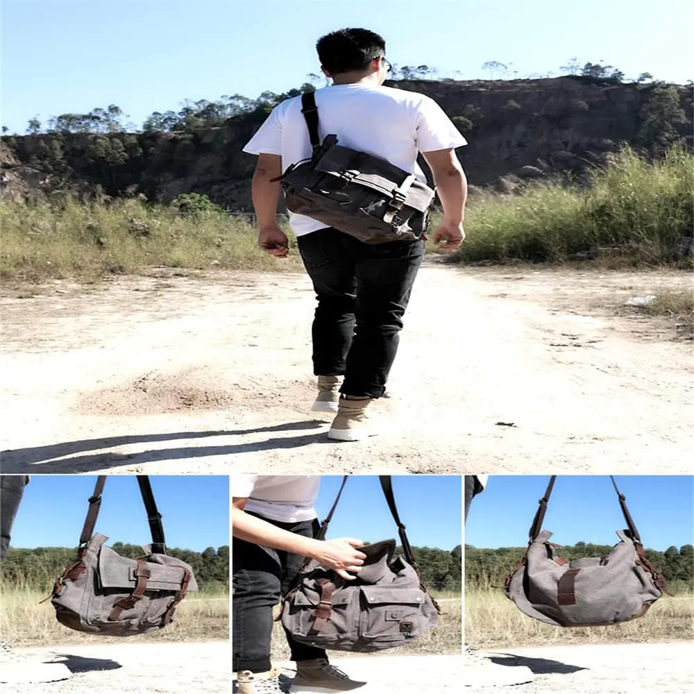Canvas Leather Men Messenger Bag Satchel Shoulder Laptop Briefcase Travel Handbag for Men, Crossbody Computer Bag (Khaki)