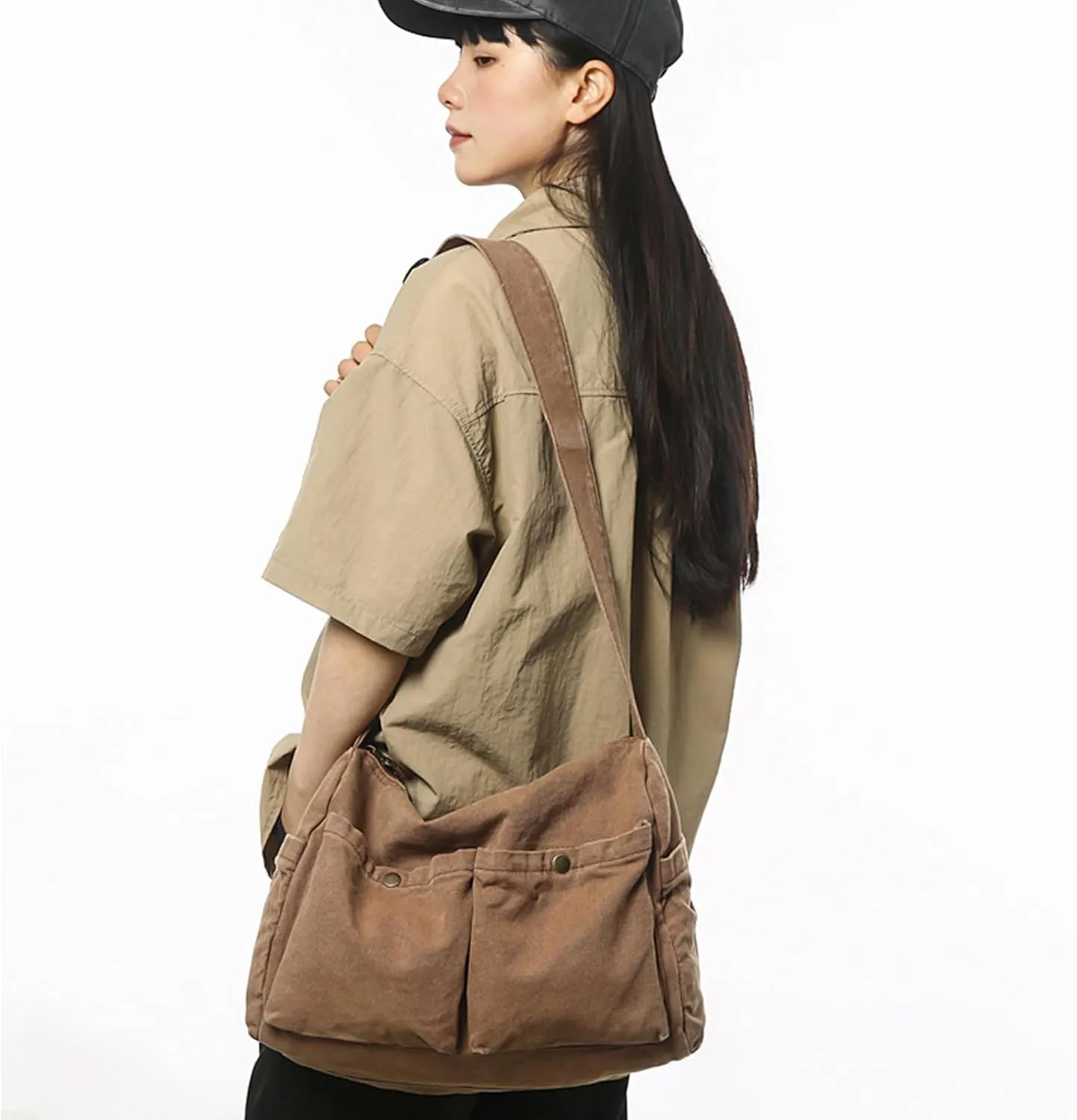 Canvas Messenger Bag Cute Crossbody Tote Bag Shoulder for Women Men for School Aesthetic Hobo with Multiple Pockets