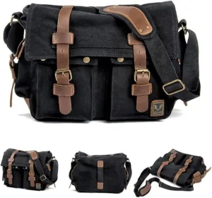 Canvas Messenger Bag, Vintage Genuine Leather Shoulder Bag, Briefcase Crossbody Satchel Purse Laptop Bag Medium