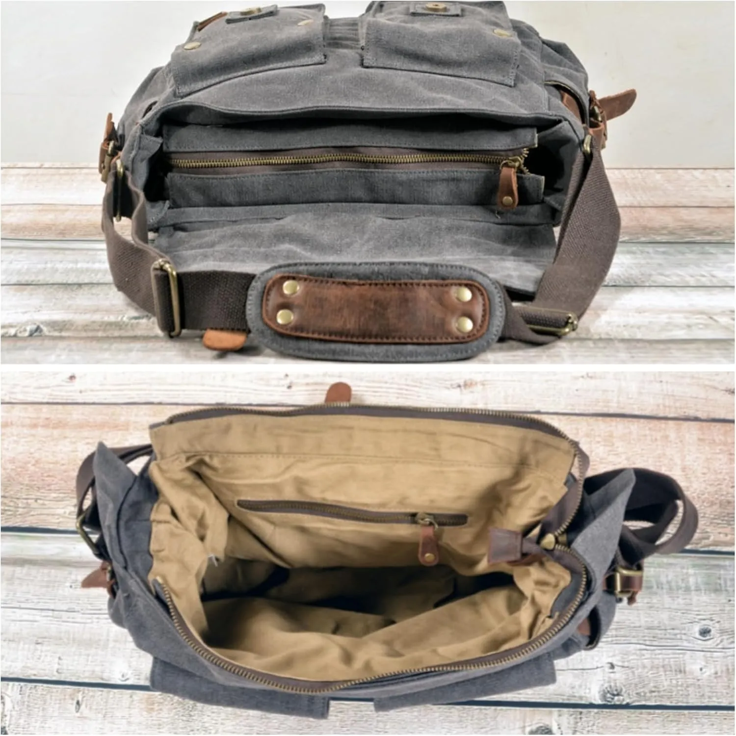 Canvas Messenger Bag, Vintage Genuine Leather Shoulder Bag, Briefcase Crossbody Satchel Purse Laptop Bag Medium