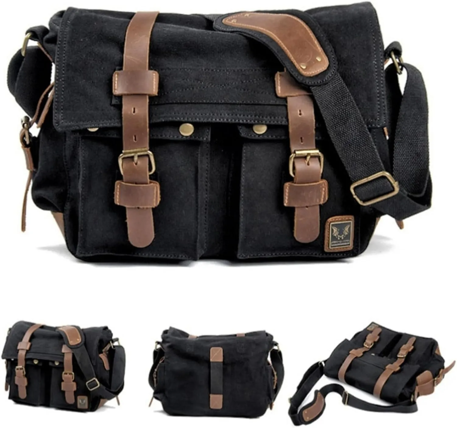 Canvas Messenger Bag, Vintage Genuine Leather Shoulder Bag, Briefcase Crossbody Satchel Purse Laptop Bag Medium