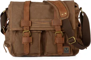 Canvas Messenger Bag, Vintage Genuine Leather Shoulder Bag, Briefcase Crossbody Satchel Purse Laptop Bag Medium