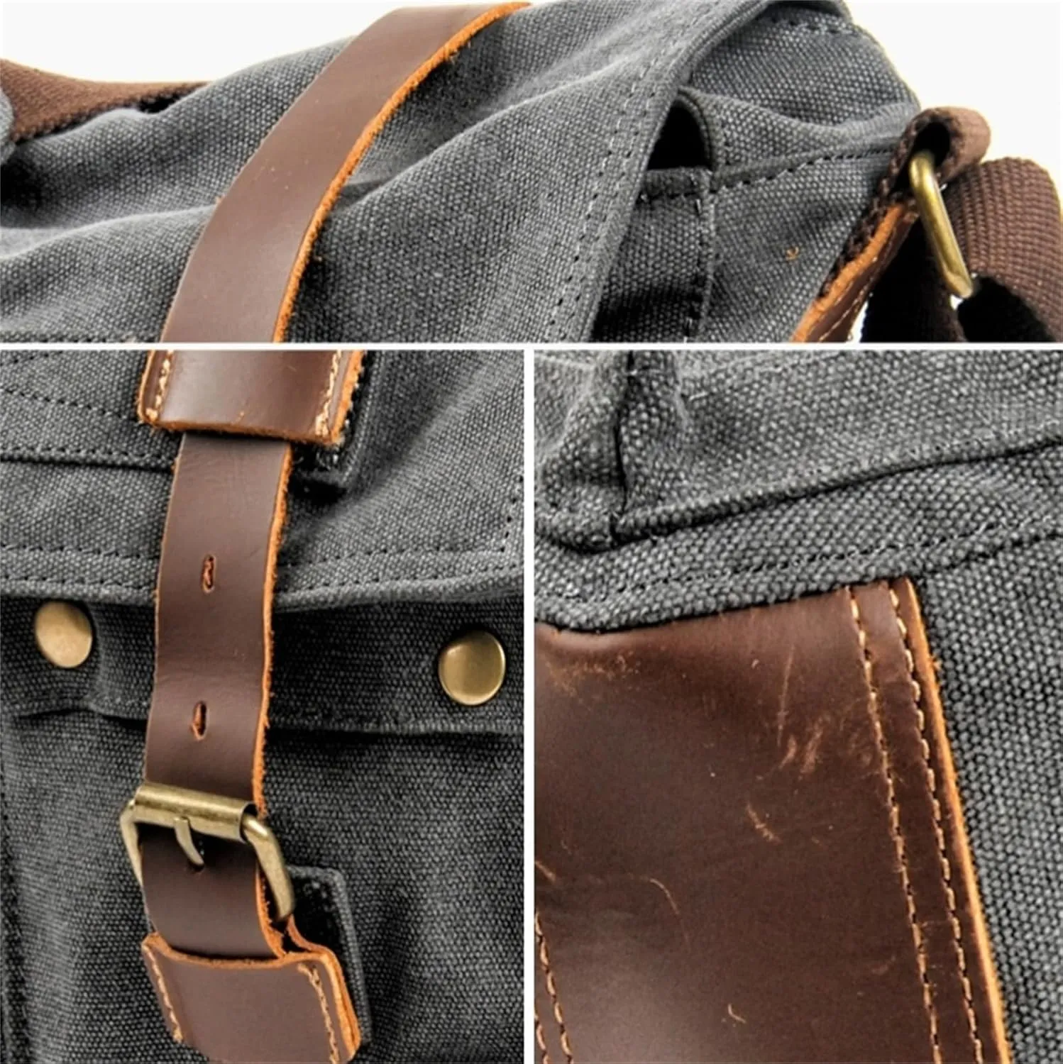 Canvas Messenger Bag, Vintage Genuine Leather Shoulder Bag, Briefcase Crossbody Satchel Purse Laptop Bag Medium