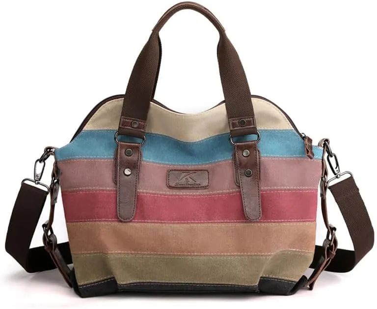 Canvas Purse for Women Large Work Tote Bags with Strap Vintage Top-Handle Handbags Striped Crossbody Shoulder Tote Multi