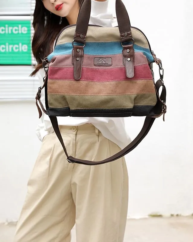 Canvas Purse for Women Large Work Tote Bags with Strap Vintage Top-Handle Handbags Striped Crossbody Shoulder Tote Multi