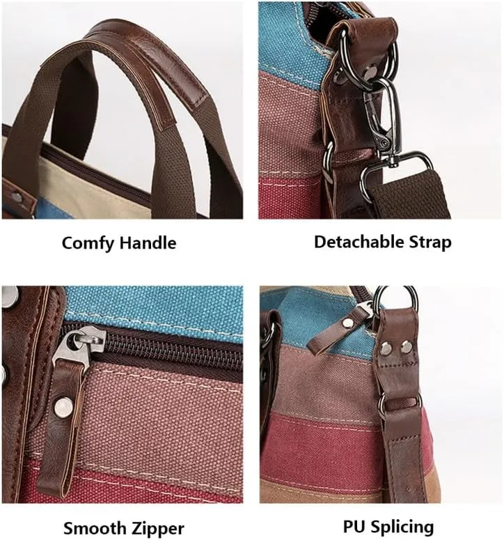 Canvas Purse for Women Large Work Tote Bags with Strap Vintage Top-Handle Handbags Striped Crossbody Shoulder Tote Multi