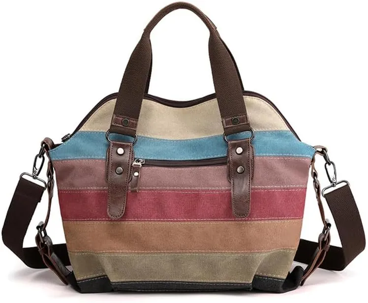 Canvas Purse for Women Large Work Tote Bags with Strap Vintage Top-Handle Handbags Striped Crossbody Shoulder Tote Multi