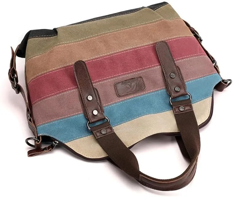 Canvas Purse for Women Large Work Tote Bags with Strap Vintage Top-Handle Handbags Striped Crossbody Shoulder Tote Multi
