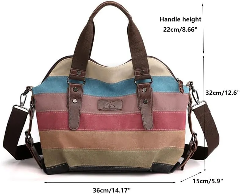 Canvas Purse for Women Large Work Tote Bags with Strap Vintage Top-Handle Handbags Striped Crossbody Shoulder Tote Multi