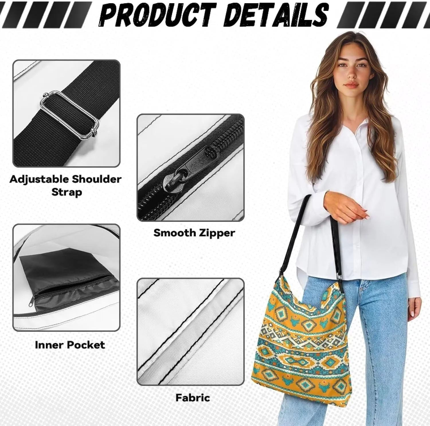 Canvas Shoulder Bag Crossbody Travel Bags for Women Ladies Zipper Pocket Adsjuatble Shoulder Satchel Grocery Bag