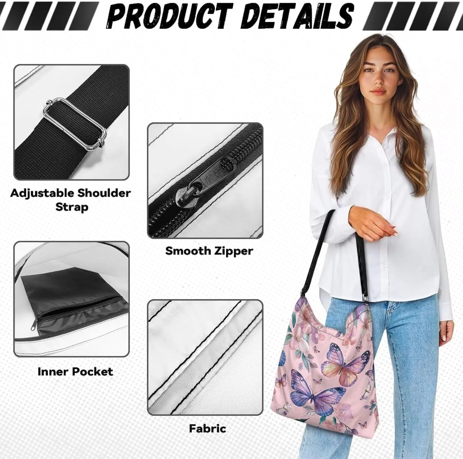 Canvas Shoulder Bag Crossbody Travel Bags for Women Ladies Zipper Pocket Adsjuatble Shoulder Satchel Grocery Bag
