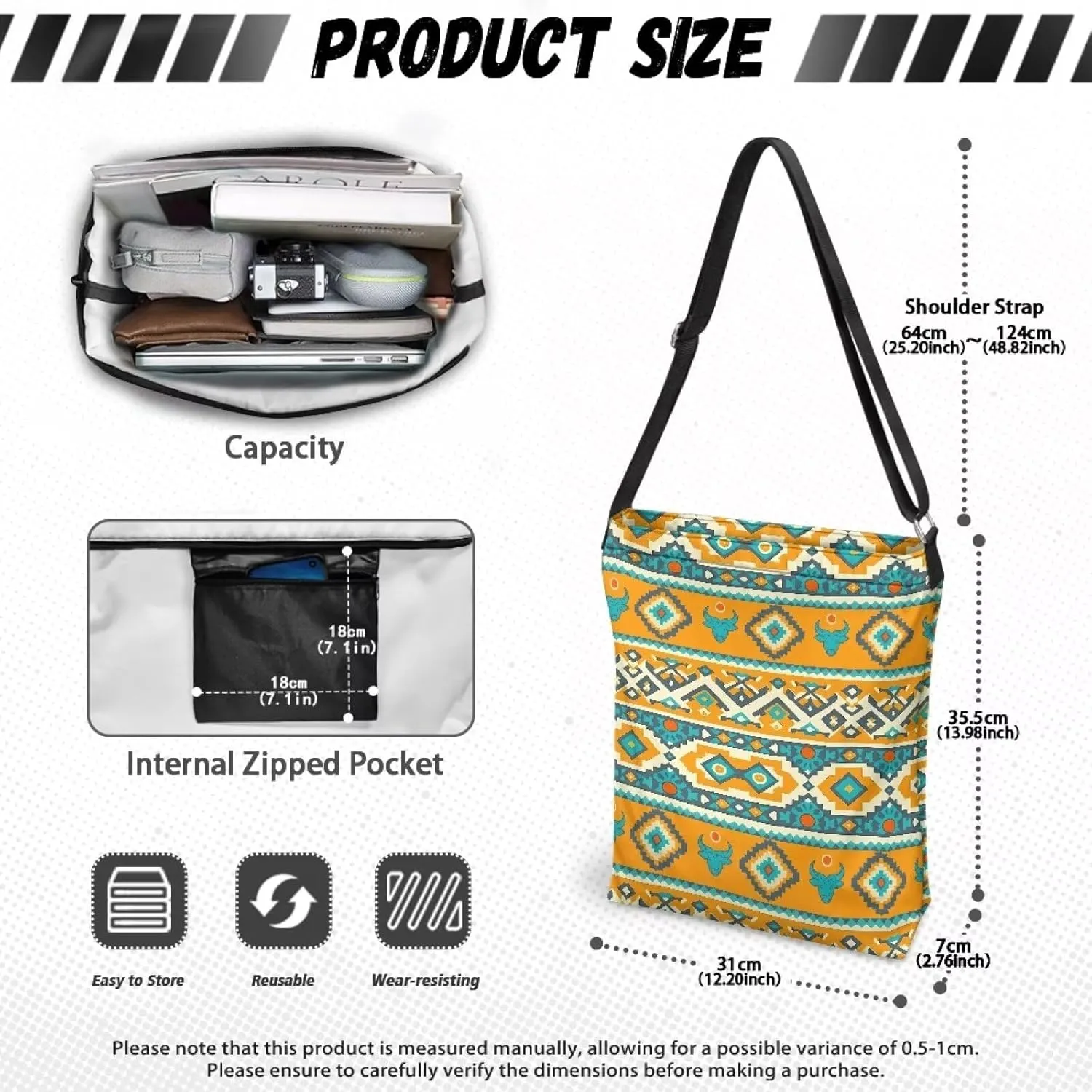 Canvas Shoulder Bag Crossbody Travel Bags for Women Ladies Zipper Pocket Adsjuatble Shoulder Satchel Grocery Bag