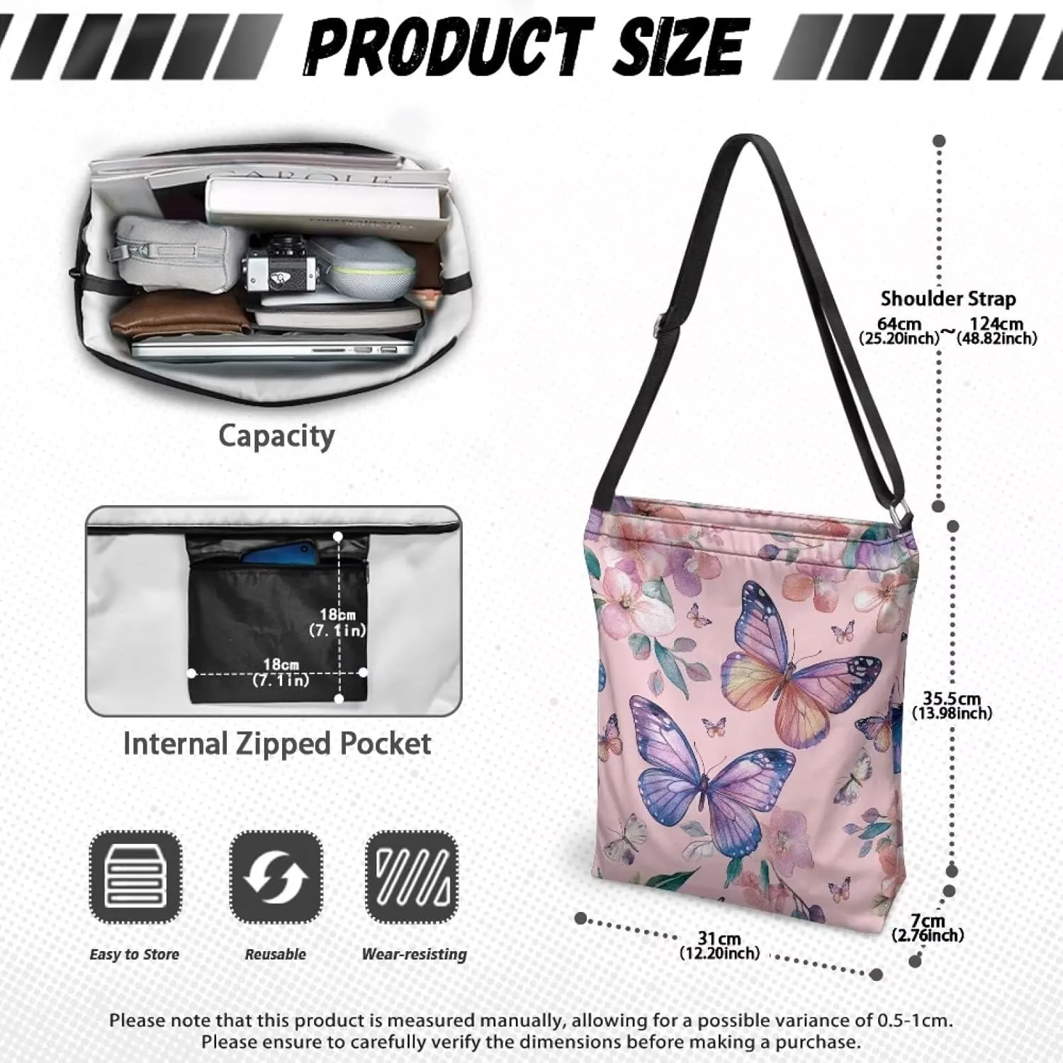 Canvas Shoulder Bag Crossbody Travel Bags for Women Ladies Zipper Pocket Adsjuatble Shoulder Satchel Grocery Bag