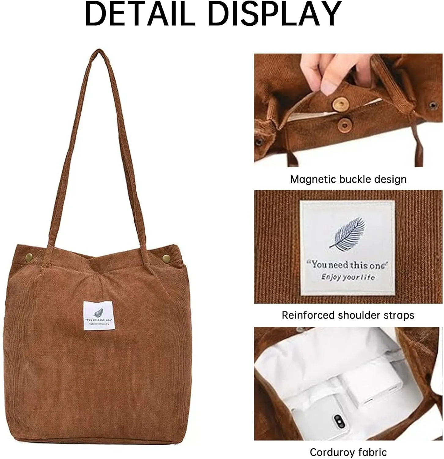 Canvas Tote Bag for Women, Large Capacity Corduroy Quilted Tote Bag with Inner Pockets, Durable Stylish ，Reusablee