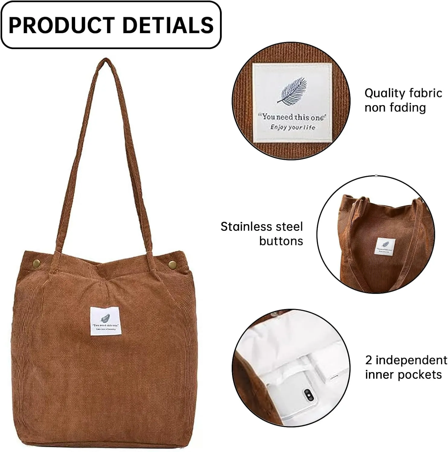 Canvas Tote Bag for Women, Large Capacity Corduroy Quilted Tote Bag with Inner Pockets, Durable Stylish ，Reusablee