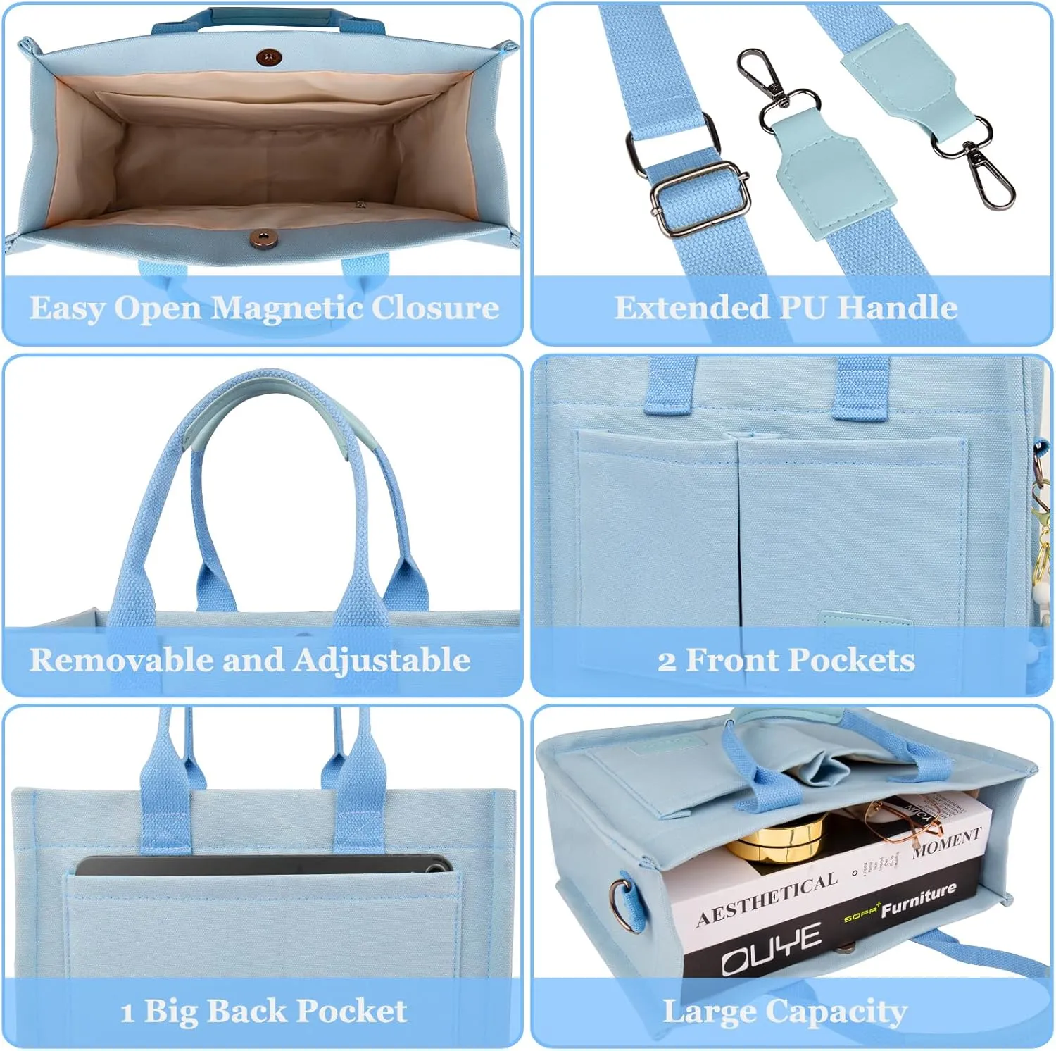 Canvas Tote Bag for Women With Pockets, Laptop Work Crossbody Purses Everything Shoulder Tote Bag Everyday Satchel Handbags