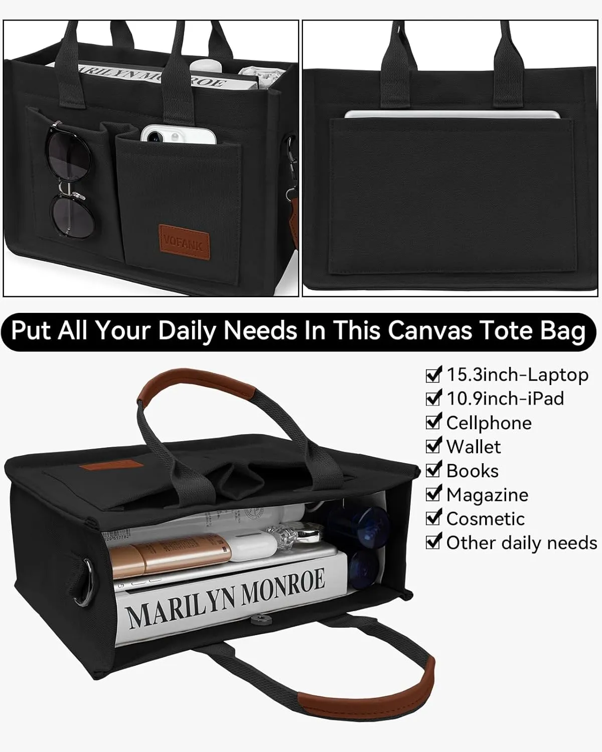 Canvas Tote Bag for Women with Pockets Large Crossbody Bag Satchel Bag Handbag Everything Everyday Bag for Work Daily