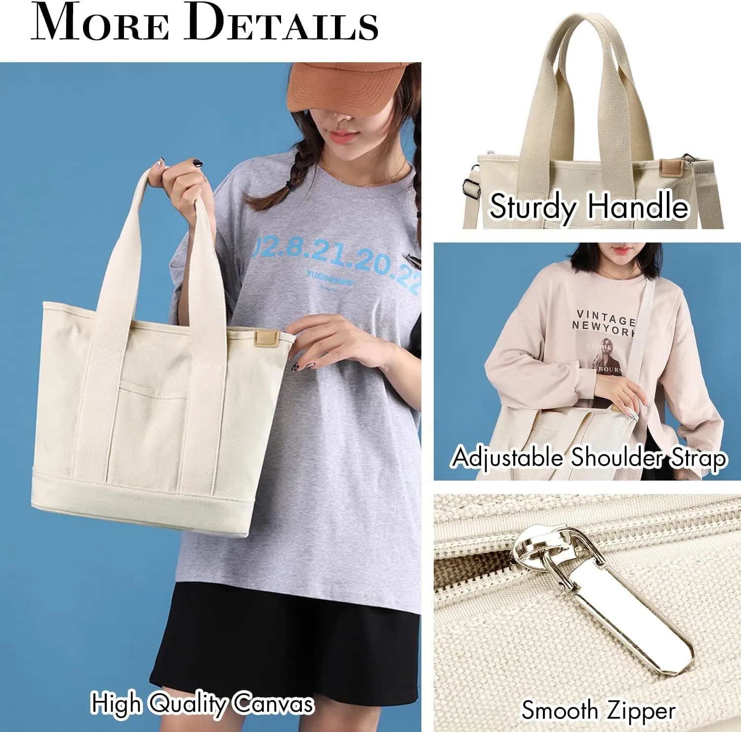 Canvas Tote Bag for Women,Small Totes Bags with Zipper Cute Crossbody Purse with Pockets Large Shoulder Handbag,2 Sizes