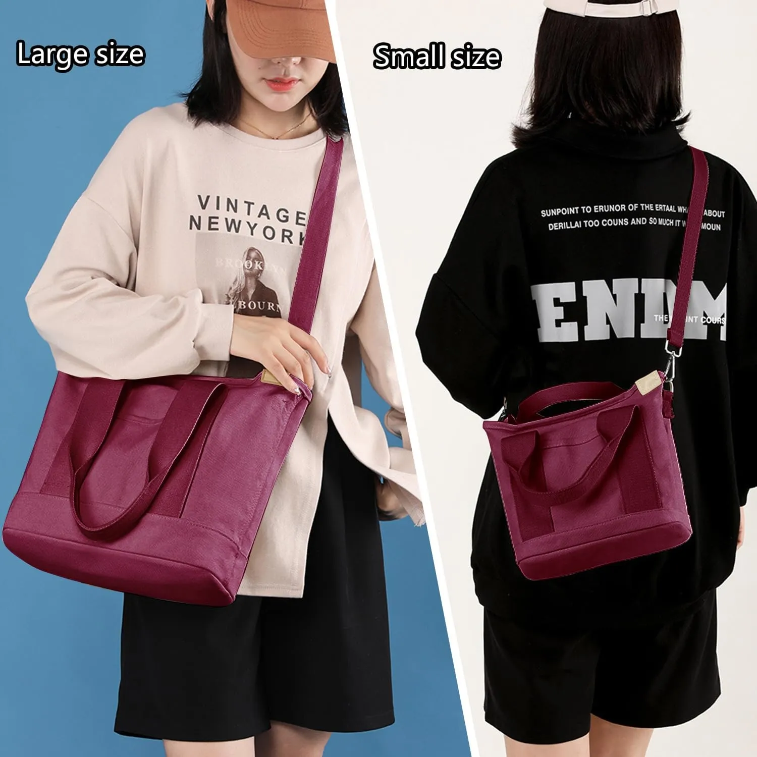 Canvas Tote Bag for Women,Small Totes Bags with Zipper Cute Crossbody Purse with Pockets Large Shoulder Handbag,2 Sizes