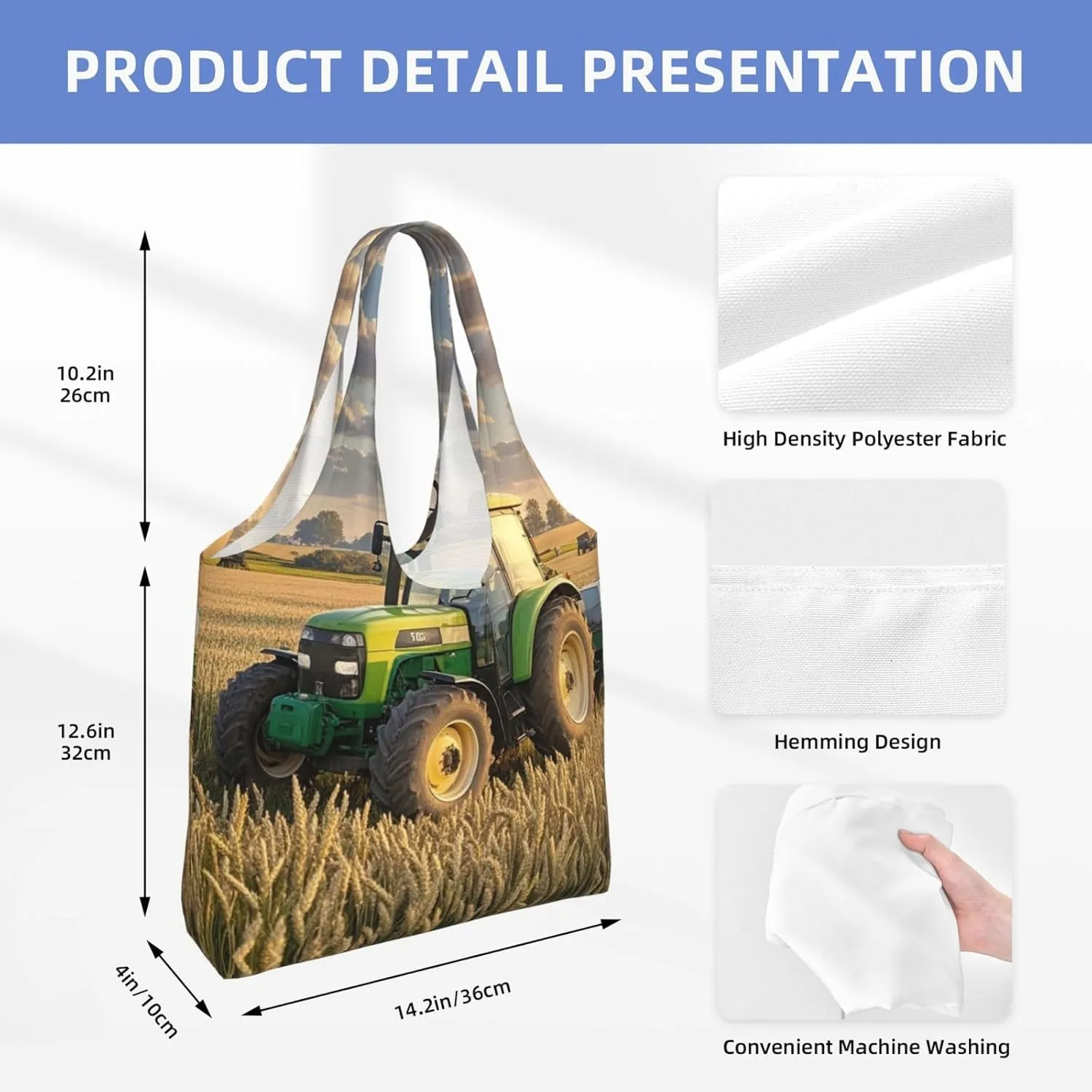Canvas Tote Bag Lightweight Reusable Grocery Shopping Bag Tractor farm Handbag for Women Men