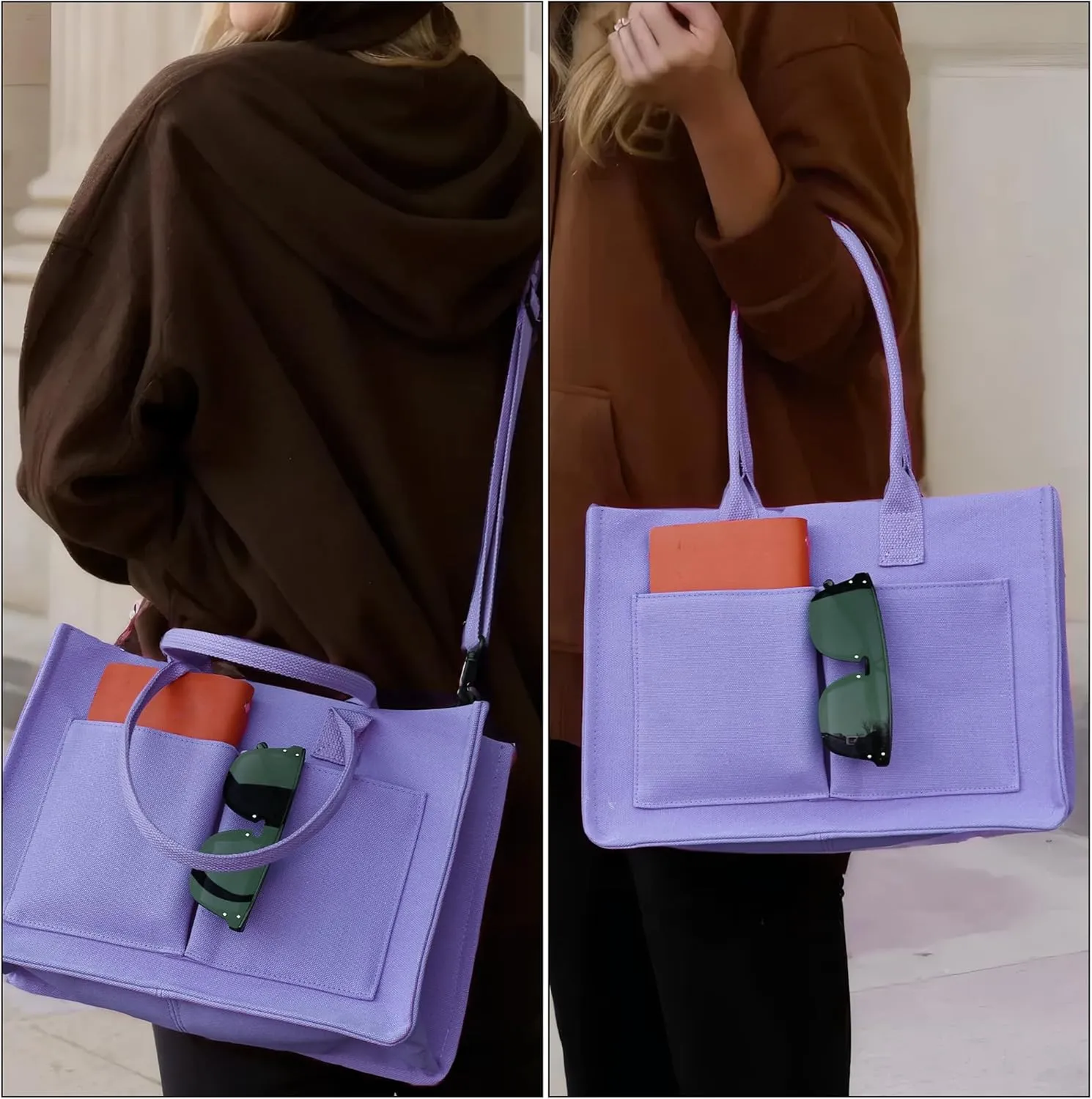 Canvas Tote Bag Shoulder Handbags with Zipper Work Bags for Women Crossbody Bags Tote Bag with Compartments for Work