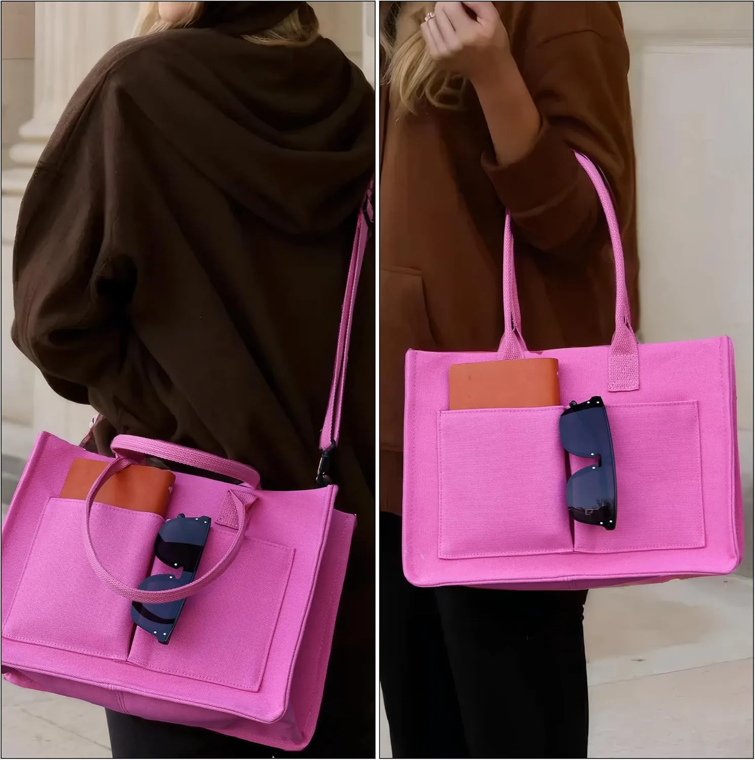 Canvas Tote Bag Shoulder Handbags with Zipper Work Bags for Women Crossbody Bags Tote Bag with Compartments for Work