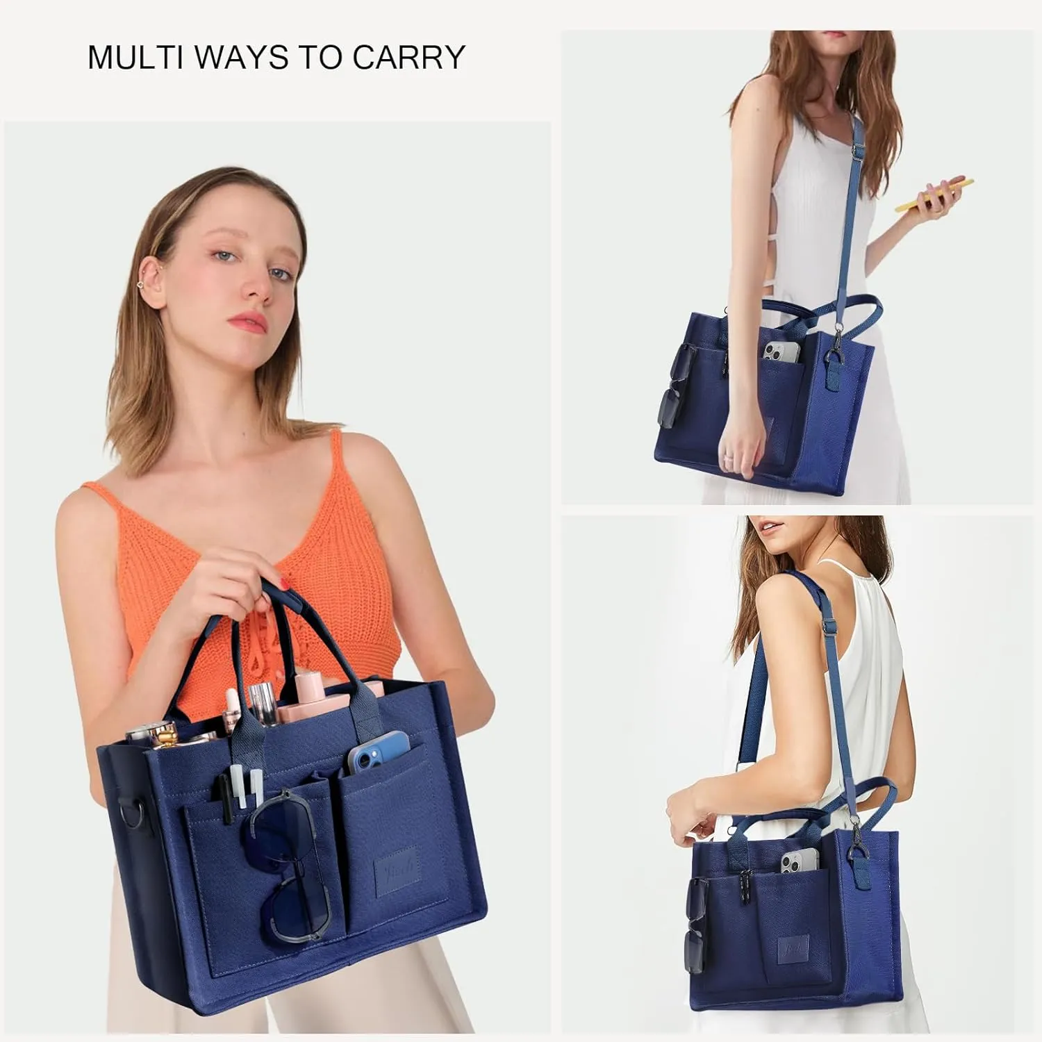 Canvas Tote Bags with Pockets - Women's Everyday Satchel Handbag