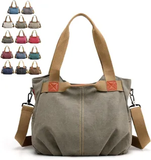 Canvas Tote Bag,Women Casual Shoulder Bag Vintage Multiple Pockets Handbags Satchel Bag for Shopping Hiking Travel and Work