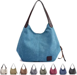 Canvas Tote Bag,Women Casual Shoulder Bag Vintage Multiple Pockets Handbags Satchel Bag for Shopping Hiking Travel and Work