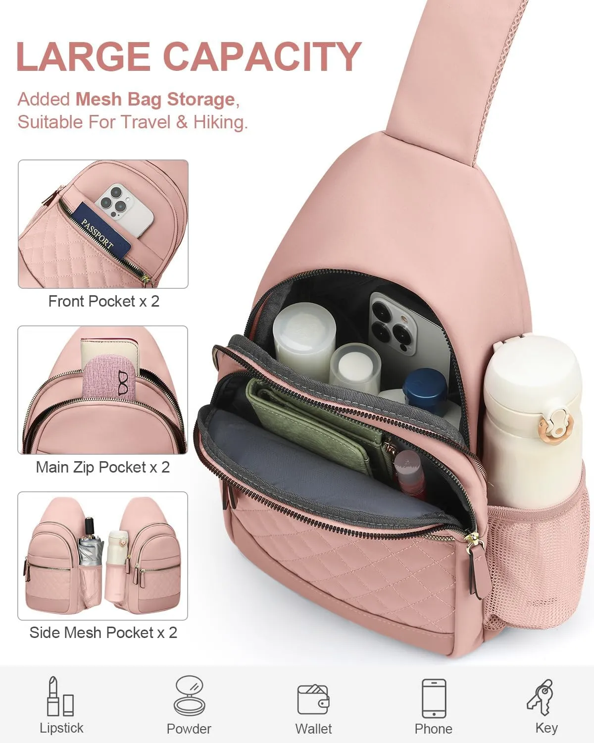 Capolo Sling Bag for Women Men Waterproof Crossbody Bags for Women Trendy Casual Fanny Pack with Convertible Shoulder Strap Chest Bag for Travel Hiking(Pink, Large)