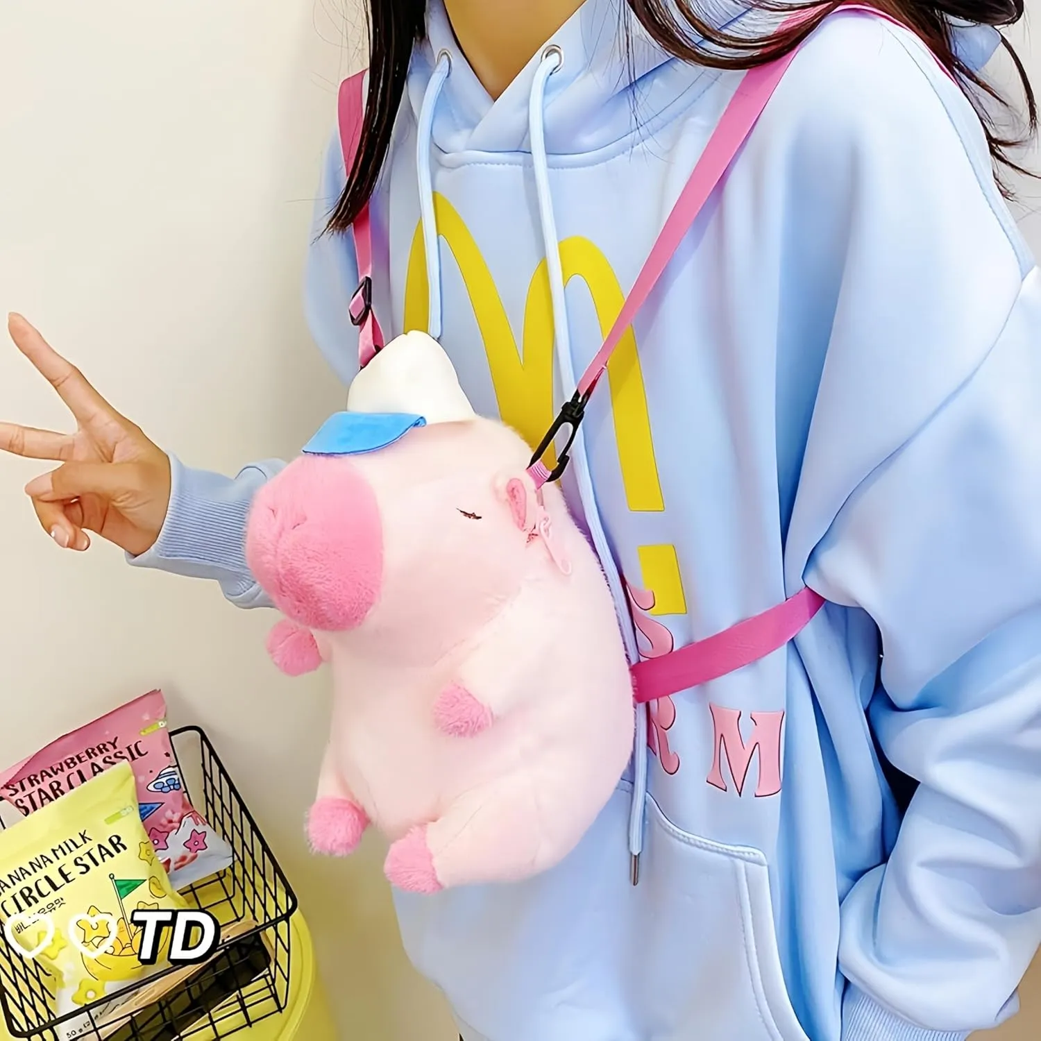 Capybara Plush Backpack - Large Cute Rucksack, Fluffy & Adorable Capybara Design, Convertible Shoulder Bag(Pink)