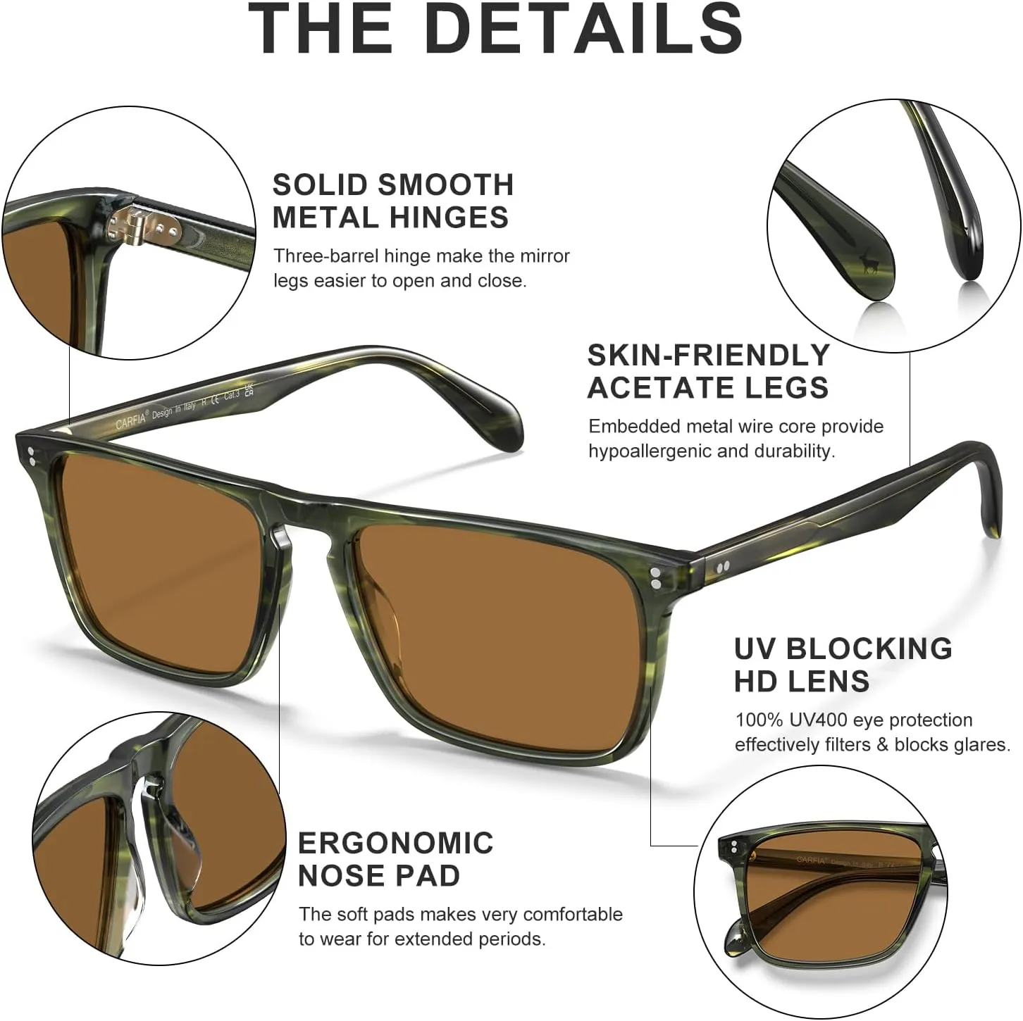 CARFIA Retro Polarized Sunglasses for Men UV Protection Hand-crafted Acetate Frame Fashion Cool Sun Glasses CA53572