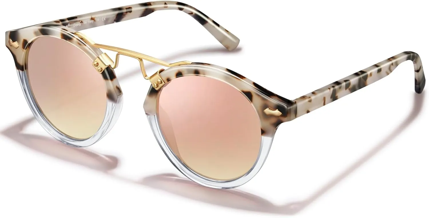 CARFIA Small Face Acetate Polarized Sunglasses for Women UV Protection, Retro Double Bridge Eyewears Metal Brow Round Sunnies