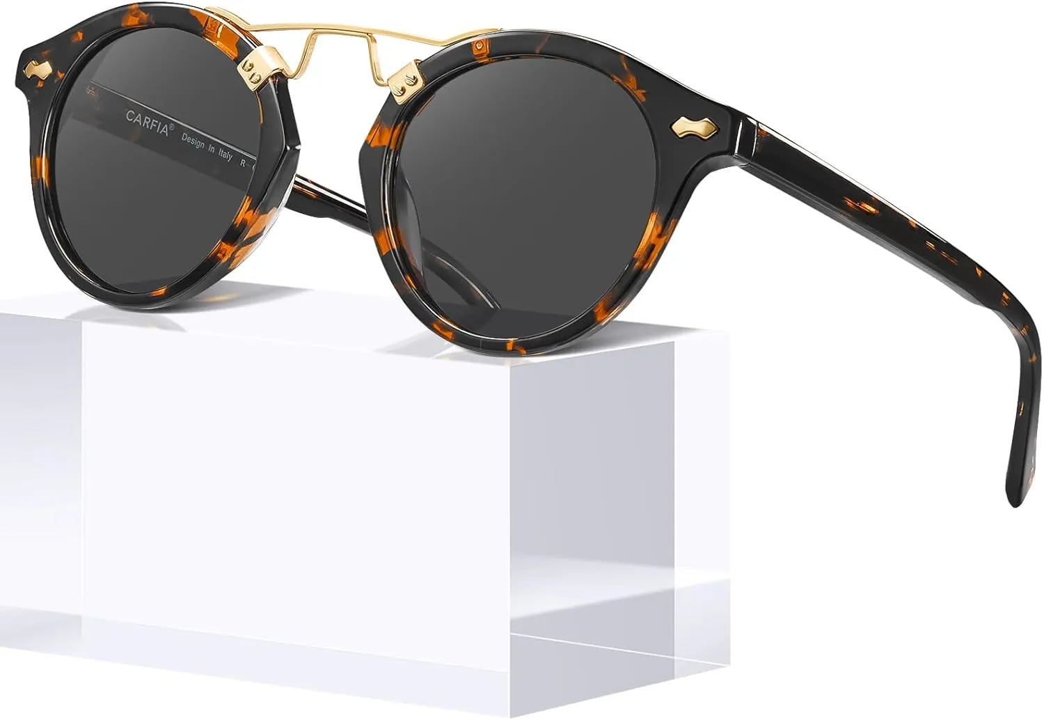 CARFIA Small Face Acetate Polarized Sunglasses for Women UV Protection, Retro Double Bridge Eyewears Metal Brow Round Sunnies