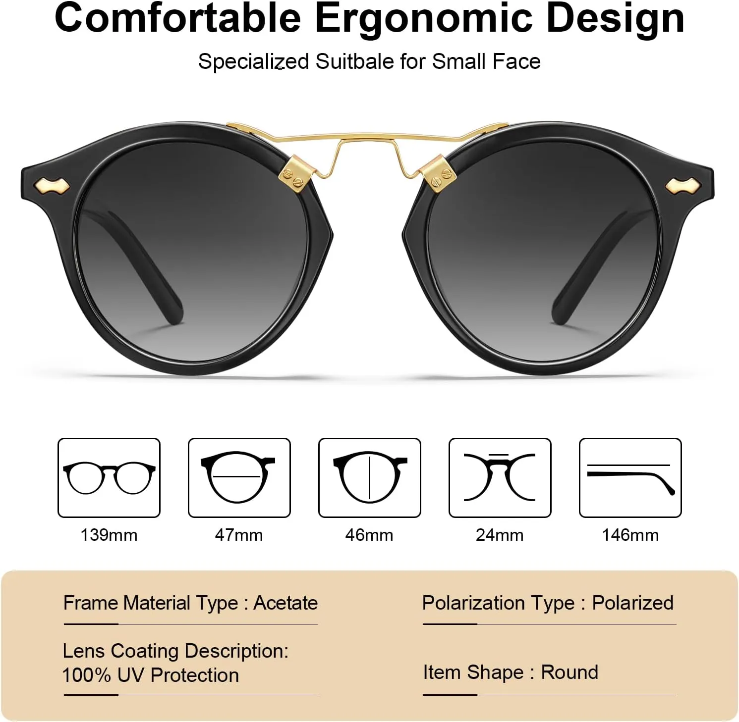 CARFIA Small Face Acetate Polarized Sunglasses for Women UV Protection, Retro Double Bridge Eyewears Metal Brow Round Sunnies