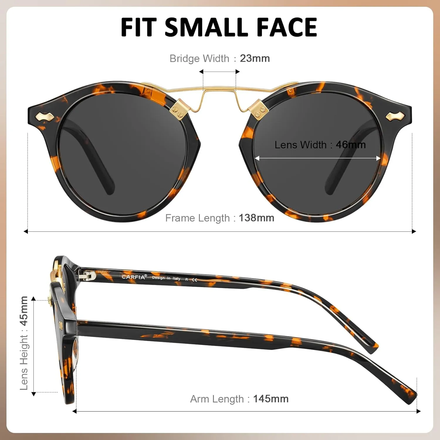 CARFIA Small Face Acetate Polarized Sunglasses for Women UV Protection, Retro Double Bridge Eyewears Metal Brow Round Sunnies