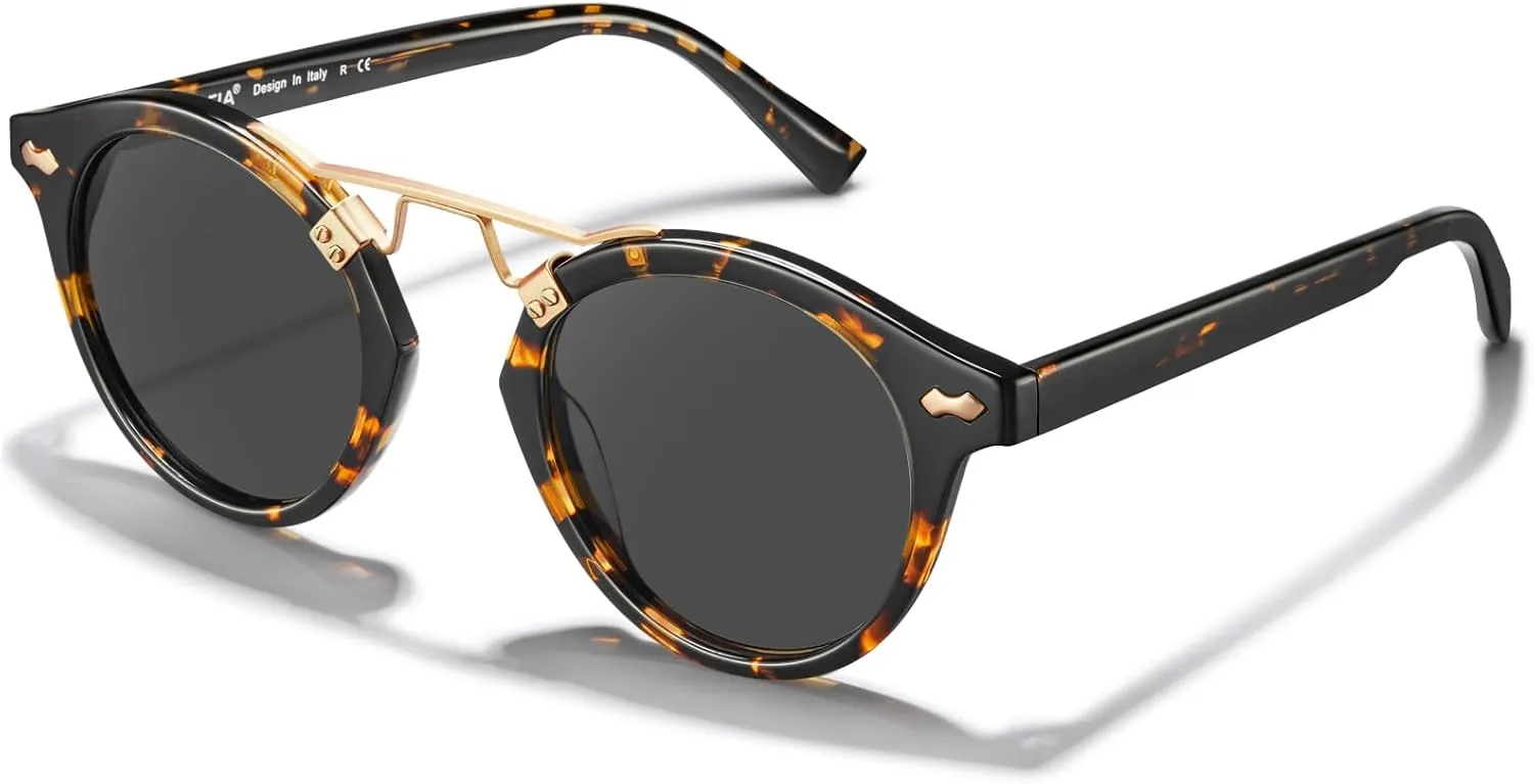 CARFIA Small Face Acetate Polarized Sunglasses for Women UV Protection, Retro Double Bridge Eyewears Metal Brow Round Sunnies