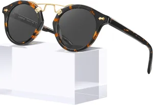 CARFIA Small Face Acetate Polarized Sunglasses for Women UV Protection, Retro Double Bridge Eyewears Metal Brow Round Sunnies