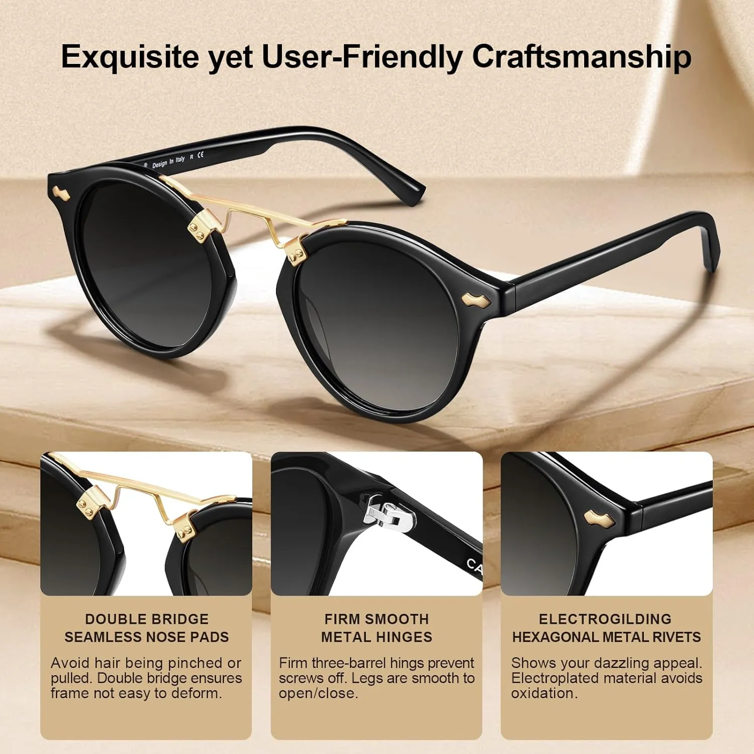 CARFIA Small Face Acetate Polarized Sunglasses for Women UV Protection, Retro Double Bridge Eyewears Metal Brow Round Sunnies
