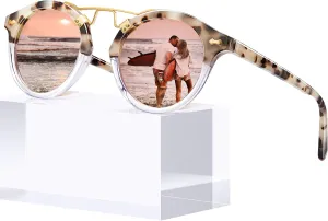 CARFIA Small Face Acetate Polarized Sunglasses for Women UV Protection, Retro Double Bridge Eyewears Metal Brow Round Sunnies