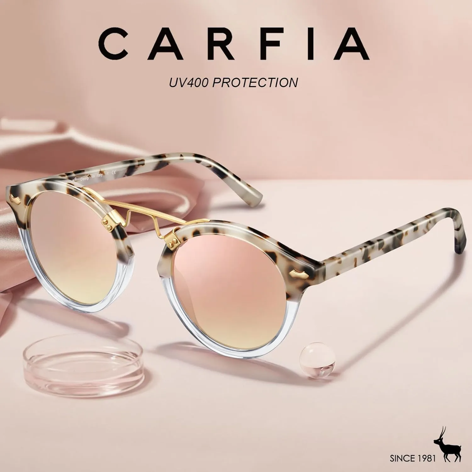 CARFIA Small Face Acetate Polarized Sunglasses for Women UV Protection, Retro Double Bridge Eyewears Metal Brow Round Sunnies
