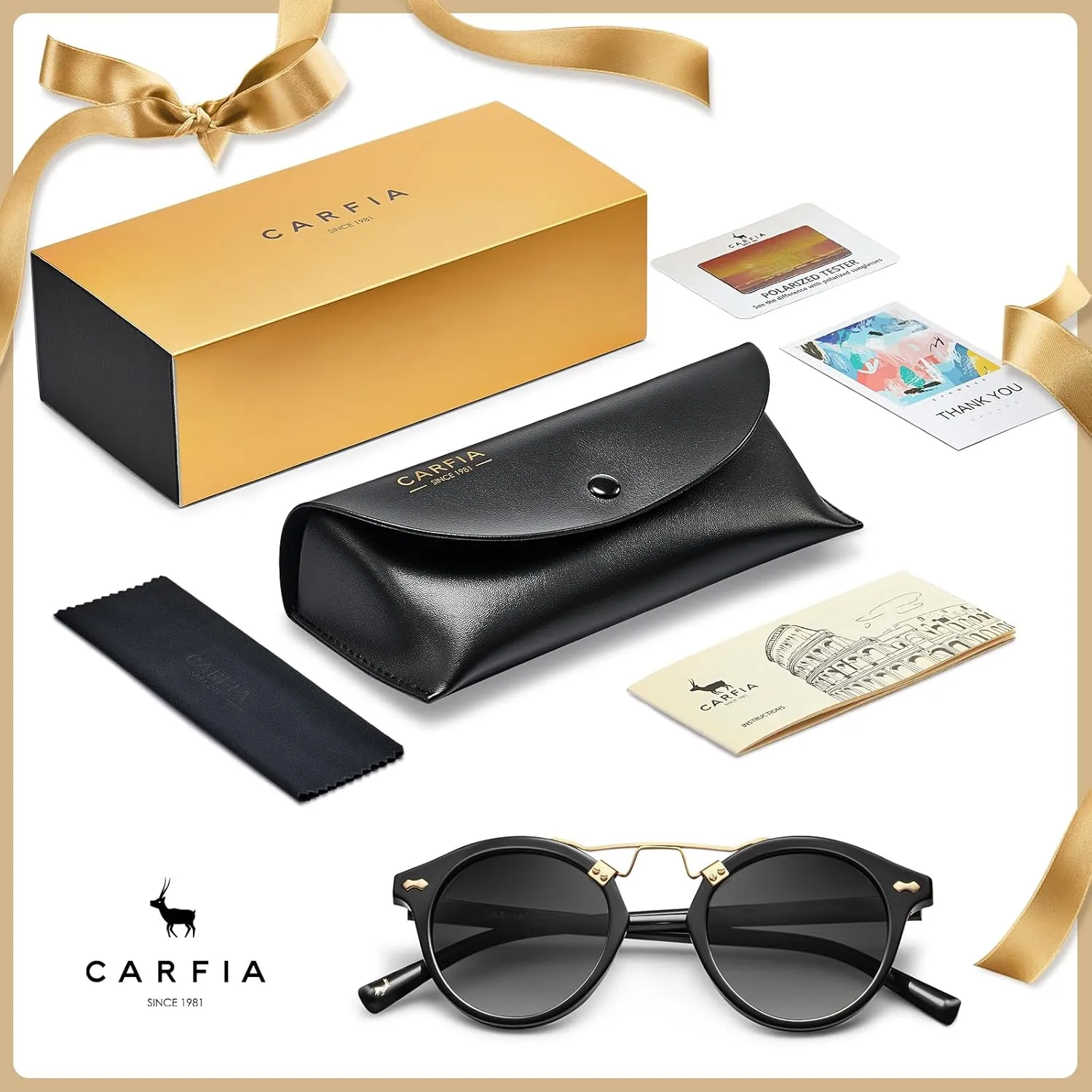 CARFIA Small Face Acetate Polarized Sunglasses for Women UV Protection, Retro Double Bridge Eyewears Metal Brow Round Sunnies