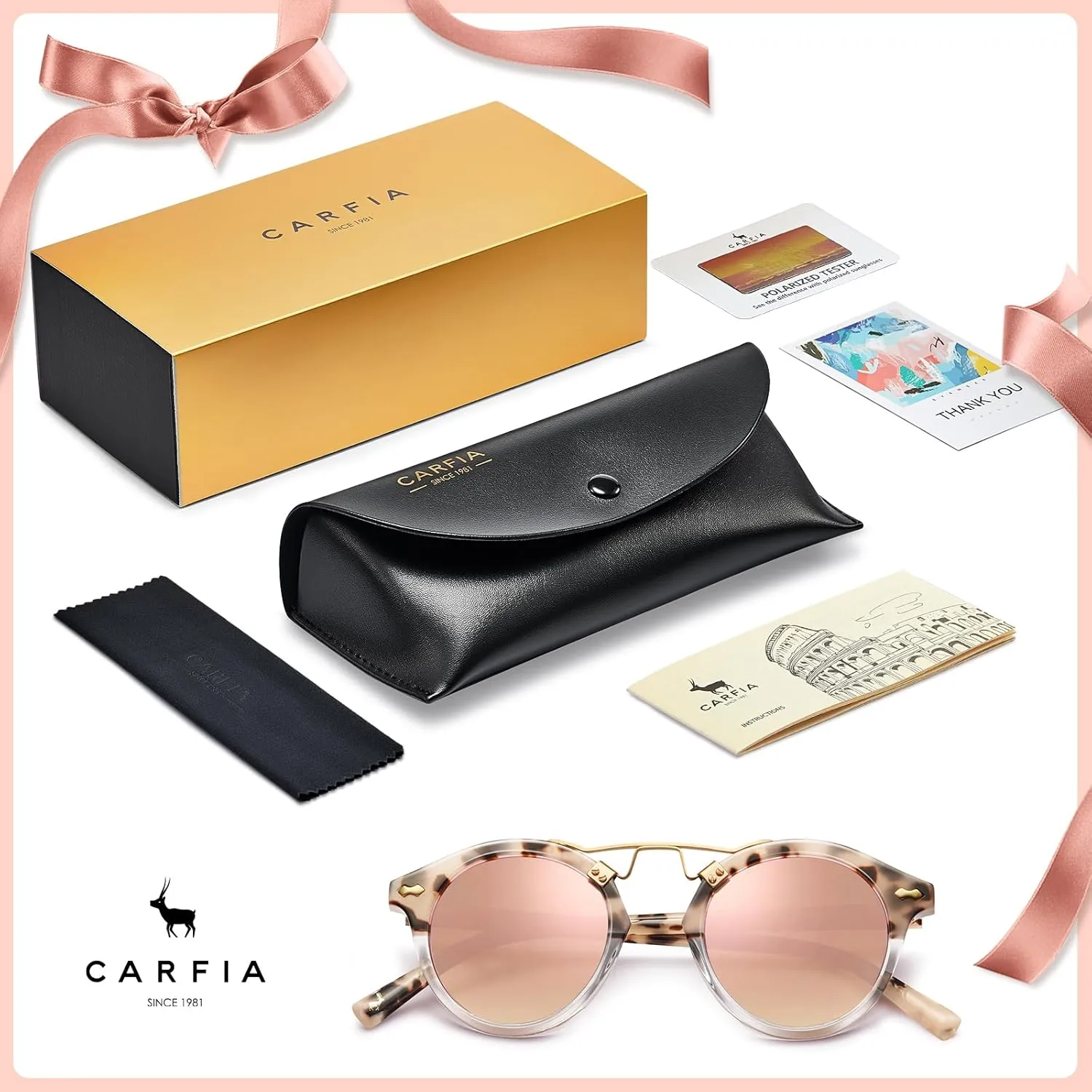 CARFIA Small Face Acetate Polarized Sunglasses for Women UV Protection, Retro Double Bridge Eyewears Metal Brow Round Sunnies