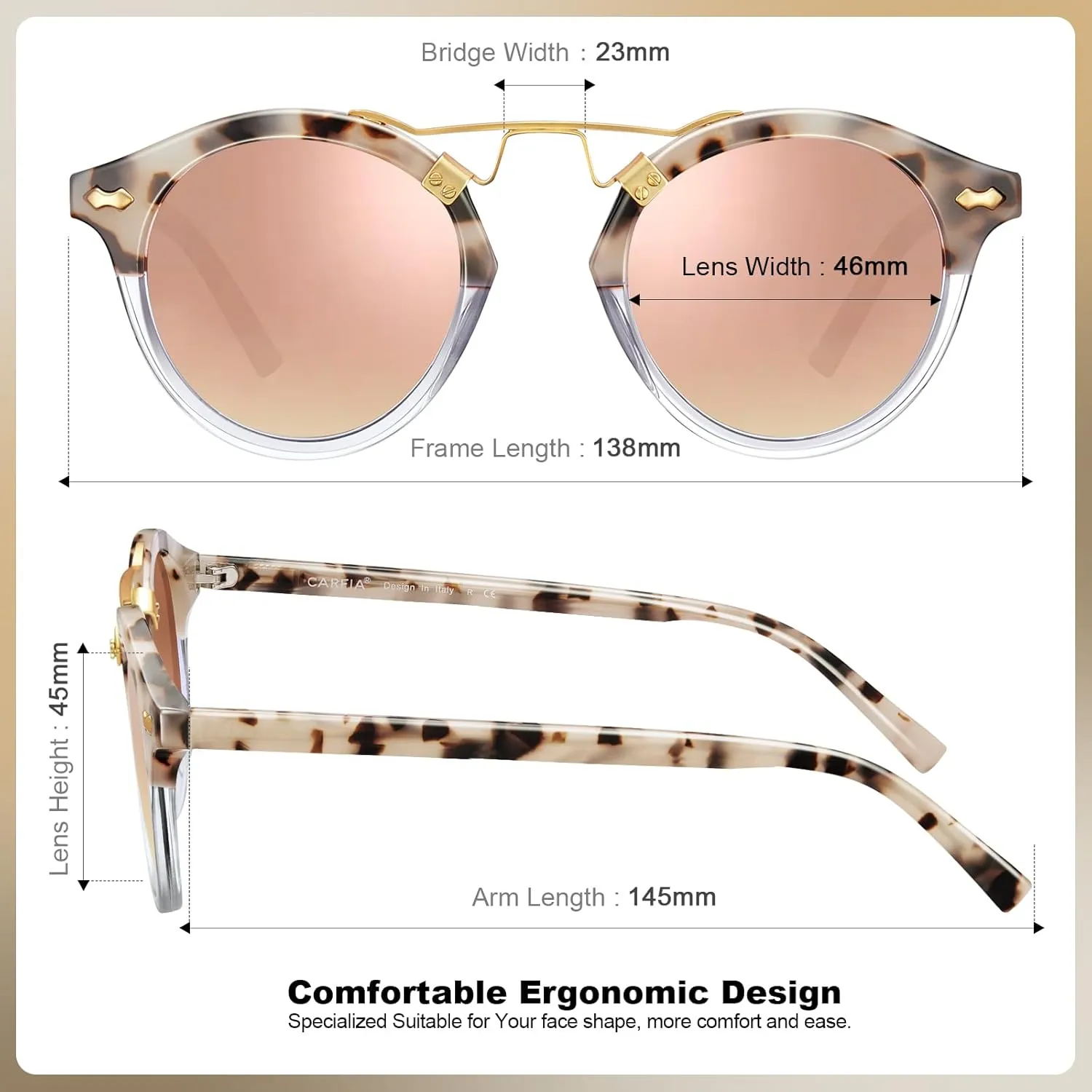CARFIA Small Face Acetate Polarized Sunglasses for Women UV Protection, Retro Double Bridge Eyewears Metal Brow Round Sunnies