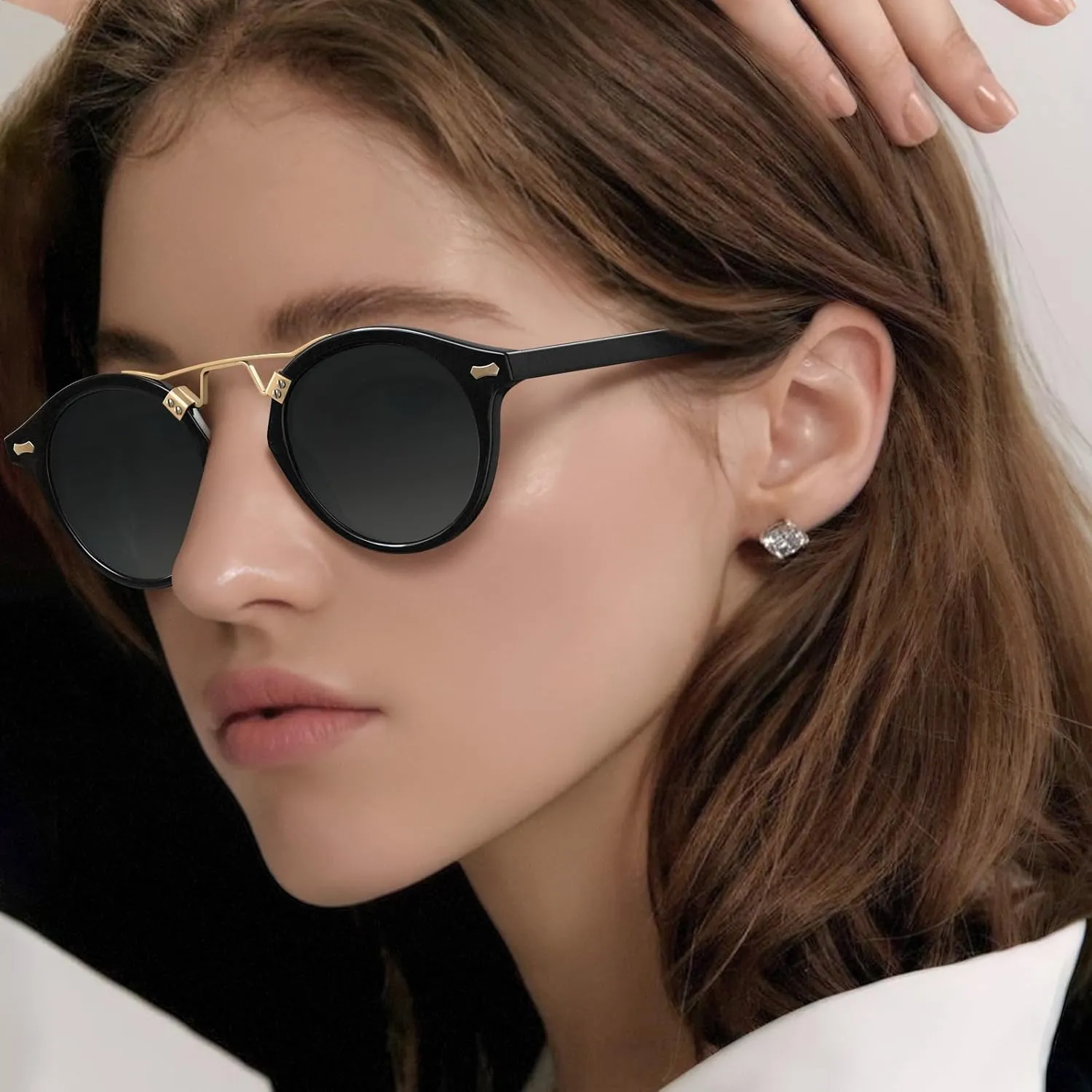CARFIA Small Face Acetate Polarized Sunglasses for Women UV Protection, Retro Double Bridge Eyewears Metal Brow Round Sunnies
