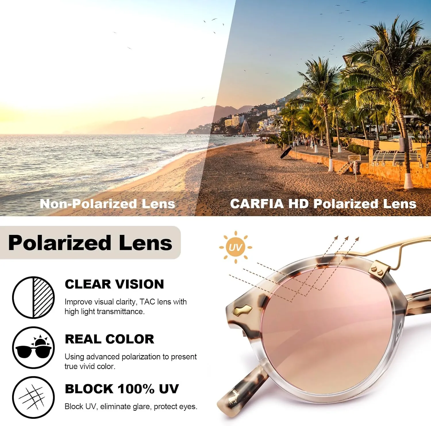 CARFIA Small Face Acetate Polarized Sunglasses for Women UV Protection, Retro Double Bridge Eyewears Metal Brow Round Sunnies