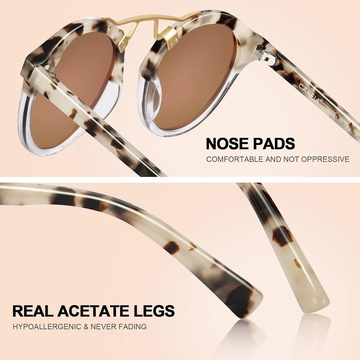 CARFIA Small Face Acetate Polarized Sunglasses for Women UV Protection, Retro Double Bridge Eyewears Metal Brow Round Sunnies